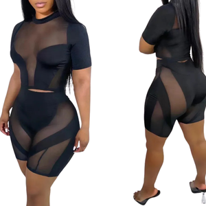 Womens <b>Two</b> <b>Piece</b> Solid Sheer <b>Mesh</b> Regular Fit Three-quarter Sleeve Crop Top and Biker Shorts Clubwear Summer OEM ODM Wholesale - Product Image 4