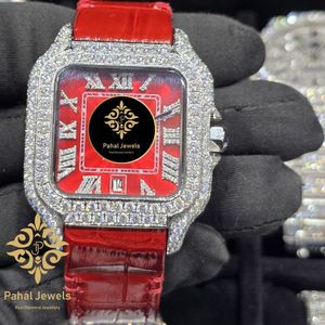 Reloj Mecánico con Esfera Roja, Caja Cuadrada, Bisel de Diamantes, Correa de Cuero, Números Romanos, Estilo Joyería - Product Image 2