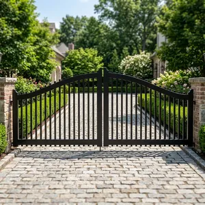 Puerta de Entrada Doble Abatible de Metal Negro Resistente y Moderna con Parte Superior Arqueada y Barras Verticales para Seguridad en Entradas de Jardines y Casas - Product Image 6