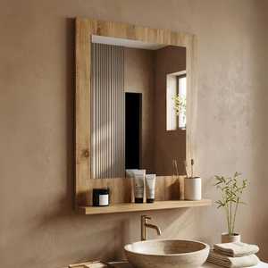 Modern <b>Rectangular</b> Solid Wood <b>Wall</b> <b>Mirror</b> with Shelf Light Oak Bathroom Vanity Storage <b>Mirror</b> Natural Grain Wooden Frame Artwork - Product Image 1