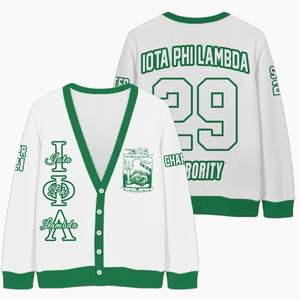 Cardigan tricoté personnalisé pour femmes Iota Phi Lambda, blanc et vert émeraude, avec lettres, blason, numéro et année, boutonné sur le devant - Product Image 3