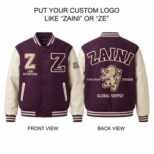 <b>Mens</b> Varsity <b>Jacket</b> 450 GSM Melton Wool Body 320 GSM PU Leather Sleeves Purple <b>Cream</b> Custom Chenille Embroidery Logo - Product Image 1