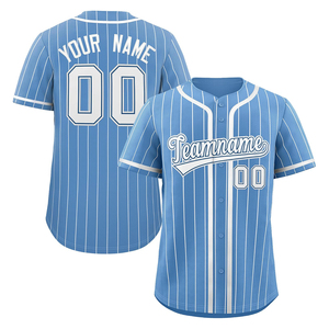 Maillot de baseball rayé bleu clair personnalisé unisexe à manches courtes avec boutons sur le devant en polyester respirant, impression du nom de l'équipe 00, ODM OEM - Product Image 1
