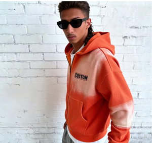 Sudadera con capucha para hombre, informal, estilo urbano, con cremallera, oversize, con bolsillos, personalizable, con estampado tie-dye naranja y blanco, de canalé, venta al por mayor de fábrica - Product Image 5