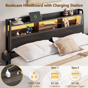 Cadre de lit en métal moderne taille Queen avec tête de lit éclairée par LED et étagère de rangement, mobilier de chambre noir haut de gamme, vente en gros - Product Image 3
