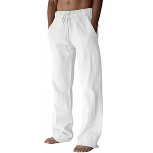 Pantalon large blanc pour homme, taille élastique, en coton, décontracté, pour l'été, avec poches latérales, léger et respirant - Product Image 1