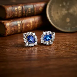 Boucles d'oreilles clous ovales en argent sterling S925 avec saphir, plaquées rhodium, géométriques, en saphir de laboratoire, motif floral pour femme - Product Image 4