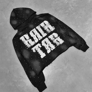 Hoodie court surdimensionné pour homme en molleton bouclette, coupe carrée, ourlet brut, délavé à l'acide, effet soleil, avec strass, style streetwear, fabrication sur mesure en gros - Product Image 1