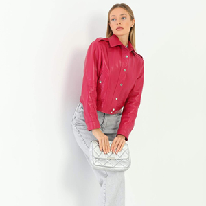 Veste en cuir PU pour femme, style moto, manches longues, col rabattu, couleur unie, longueur courte, style automne - Product Image 1