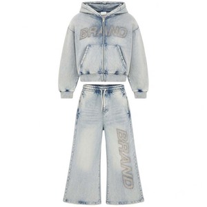 Custom Premium Eco-Friendly Streetwear Unisex Winter Acid Wash French Terry 450g Tracksuit <b>Set</b> Zip Hoodie Flared Sweatpants - Product Image 1