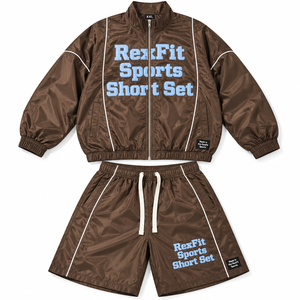 Ensemble court d'été léger en nylon Rexfit Sports personnalisé, veste zippée intégrale avec détails passepoilés, violet, streetwear, deux pièces, unisexe - Product Image 2