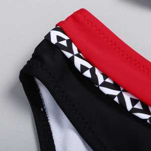 Women Geometric Print <b>Bikini</b> <b>Set</b> Push Up Top Hipster Bottom Contrast Binding Red Black <b>White</b> Stretch Swimwear - Product Image 4