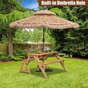 Table de pique-nique en bois transformable 2-en-1 moderne pour l'extérieur avec trou pour parasol pour parc et jardin - Product Image 3