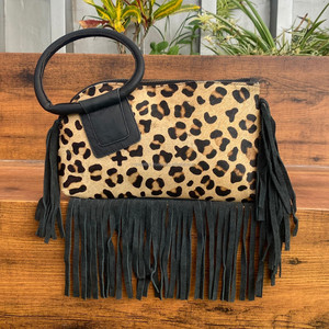 Women's Genuine Hair-On Animal Print <b>Ring</b> Handle Wristlet Clutch Bag with Tassel Phone Bag Cowhide Leather Fringe Bangle Handbag - Product Image 5