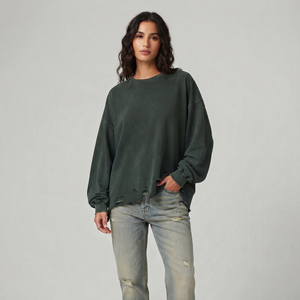 T-shirt oversize pour femme, effet usé, épaules tombantes, style vintage délavé à l'acide, streetwear, manches longues - Product Image 1