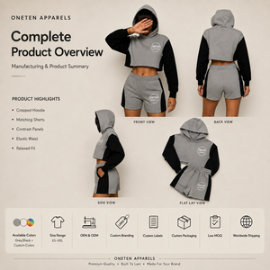 ONETEN APPARELS Ensemble short et sweat à capuche court pour femme, gris et noir, avec empiècements contrastants, en molleton, style sportswear, streetwear, décontracté, respirant, coupe ample - Product Image 2