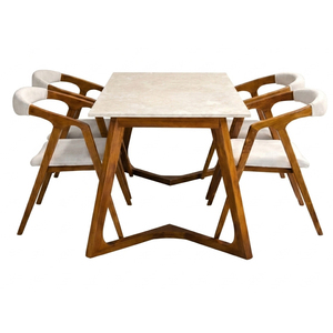 Modern Minimalist Space-Saving Premium Solid Teak Best Seller Solvane W-Base Marble Commercial <b>Restaurant</b> Oblong Dining <b>Set</b> - Product Image 1
