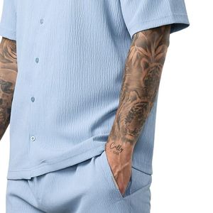 <b>Mens</b> for <b>Blue</b> Cuban Collar Short Sleeve Button Shirt Casual Summer Eco-Friendly 100% Cotton Lightweight Breathable Beach Wear - Product Image 5