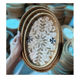 Mother of Pearl Rattan Decorative Serving <b>Platter</b> for Drinks and Snacks - Product Image 4