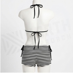 Women's Striped Ribbed <b>Bikini</b> <b>Set</b> Halter Top With Drawstring Shorts Swimwear Two Piece Beachwear - Product Image 2