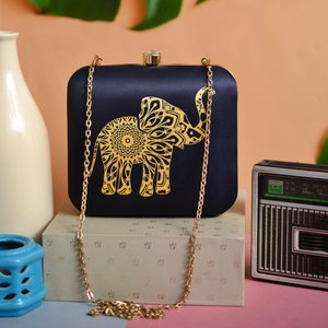 Elephant Print Clutch Metal <b>Frame</b> Hard Case with Satin Digital Fabric Raw Silk Interior and Crystal Stone Lock 7 x 6.5 In - Product Image 1