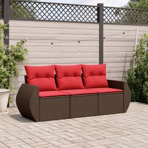 Set di divani da giardino in polyrattan marrone a 3 pezzi con cuscini, eleganti mobili da esterno - Product Image 1