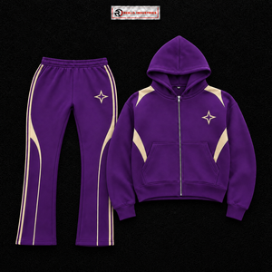 Conjunto Deportivo Personalizado Morado para Hombre, Sudadera con Cremallera Completa, Paneles Beige en Contraste, Pantalones Acampanados, Dos Piezas, Venta al Por Mayor OEM Street - Product Image 5