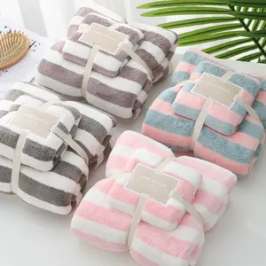 Hot Sale Broad Stripe Thick Soft Coral Velvet Hand Face Towel Set 35*75cm 70*140cm Microfiber Absorbent Towel Set