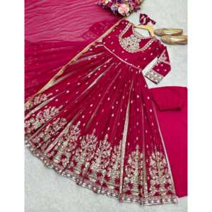 Ensemble de robe pour femme WW Designer, rouge, brodé, avec pantalon et dupatta, travail de séquence, taille M - Product Image 1