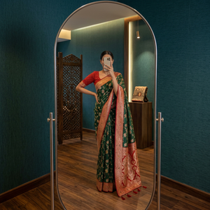 Green Silk <b>Saree</b> With <b>Red</b> Border And Floral Pattern Women Traditional Wedding Wear Indian Pakistani Style - Product Image 1