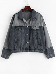 Women's Contrast Color Block <b>Denim</b> <b>Jacket</b> <b>Cropped</b> Button Front Pockets Long Sleeve Distressed Casual Autumn Style - Product Image 2