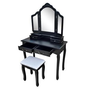 "Modern MDF <b>Makeup</b> Vanity Dresser with Tri-Fold <b>Mirror</b> & Stool-Black" - Product Image 3