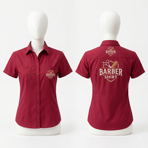 เสื้อเชิ้ตช่างตัดผมชายหญิง ผ้าโพลีเอสเตอร์คอตตอนพรีเมียม 180 GSM สีส้มสนิม แขนสั้น ติดกระดุมด้านหน้า ปักโลโก้ด้านหลัง พิมพ์ลายตามสั่ง - Product Image 3