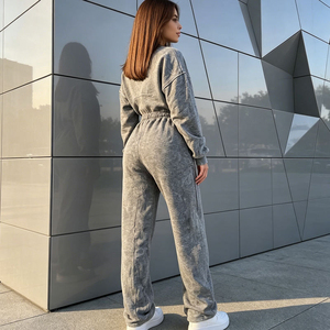 Custom Cotton Fleece Ladies 2 Piece Hoodie Set <b>Women's</b> Distressed Acid Washed <b>Zip</b> <b>up</b> Crop <b>Top</b> and Jogger - Product Image 3