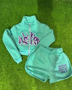 Conjunto de 2 Piezas de Shorts y Sudadera con Capucha Ajustada, Bordada, con Cierre Completo y Logotipo Personalizado para Mujer, Ropa Casual de Primavera/Verano - Product Image 1