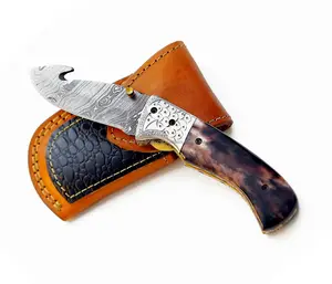 Tùy chỉnh thực hiện Lạc Đà xương xử lý túi dao Damascus thép có thể gập lại lưỡi ruột móc phong cách cho săn bắn và cắm trại bao gồm vỏ bọc