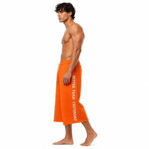 Distressed Embroidery Fleece <b>Shorts</b> Oversize 450 GSM Cotton Terry <b>3</b>/<b>4</b> Wide Leg <b>Shorts</b> Men Casual Winter Sweat <b>Shorts</b> Knee Length - Product Image 4
