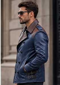 <b>Men's</b> navy blue brown buckle Leather <b>Jacket</b> turn down Collar With Button Closure - Product Image 4