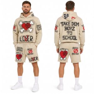 Ensemble de survêtement rose en coton pour homme, 2 pièces, imprimé graphique, tenue décontractée streetwear avec capuche en polaire douce et short assorti - Product Image 6