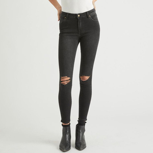 Jean en coton extensible noir déchiré taille mi-haute coupe droite respirant et écologique pour femme, grande taille, longueur intégrale, idéal pour l'hiver - Product Image 1