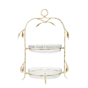 Support à gâteau élégant et luxueux à 2 niveaux avec design en verre et feuilles métalliques dorées pour les fêtes d'anniversaire et les célébrations à domicile au meilleur prix - Product Image 1