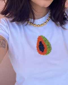 Unique Design Handmade Glass Seed Bead Papaya Fruit Patch <b>White</b> Cotton <b>Women</b> T <b>Shirt</b> <b>Short</b> <b>Sleeve</b> Jersey Apparel Embroidery - Product Image 1