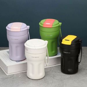 400ml Minimalist Women's High-Fashion Portable Straw Water Bottle <b>Insulated</b> Cup Hexagonal Coffee <b>Mug</b> with Carry Strap - Product Image 1