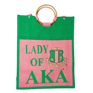 กระเป๋าผ้าปอกระเจาสีชมพูและสีเขียวลาย Lady of AKA Sorority พร้อมหูหิ้วไม้ธรรมชาติ กระเป๋าช้อปปิ้งนำกลับมาใช้ใหม่ได้ กระเป๋าของขวัญ กระเป๋าแฟชั่น - Product Image 6