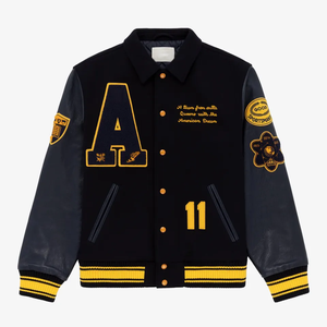 เสื้อแจ็คเก็ตเบสบอลแบบกำหนดเองสำหรับผู้ชาย สไตล์วาร์ซิตี้ ลีเทอร์แมน บอมเบอร์  พร้อมลายปักแบบแอพพลิเค  เสื้อคลุมลำลองสไตล์สตรีทแวร์ - Product Image 1