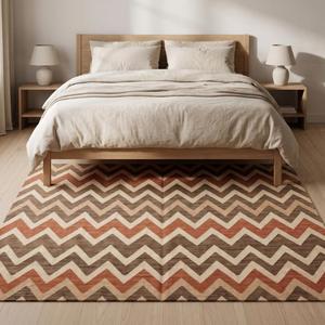 Tapis en laine tissé à la main de qualité supérieure, tissage plat, marron terre cuite, motif chevron en zigzag, géométrique, moderne, pour salon, décoration de sol - Product Image 1