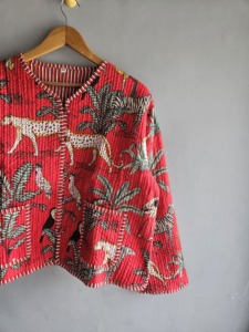 Red Quilted Jacket With <b>Animal</b> Print <b>Pattern</b> Full Sleeve Pullover Women's Summer Jacket Woven Polyester Fabric gift <b>for</b> her - Product Image 3