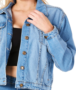 Women's Denim Jacket Trucker Style Full Sleeve <b>Button</b> Closure Hooded Collar Light Blue Washed Fabric Eco-friendly <b>Vintage</b> Autumn - Product Image 3
