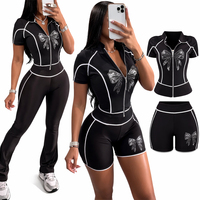 Ensemble de survêtement 2 pièces pour femme avec strass, haut zippé à manches courtes et pantalon évasé taille haute, short cycliste assorti 2026