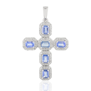 Pendentif croix en or blanc massif 14 carats avec saphir - Collier chaîne religieux vintage - Product Image 2